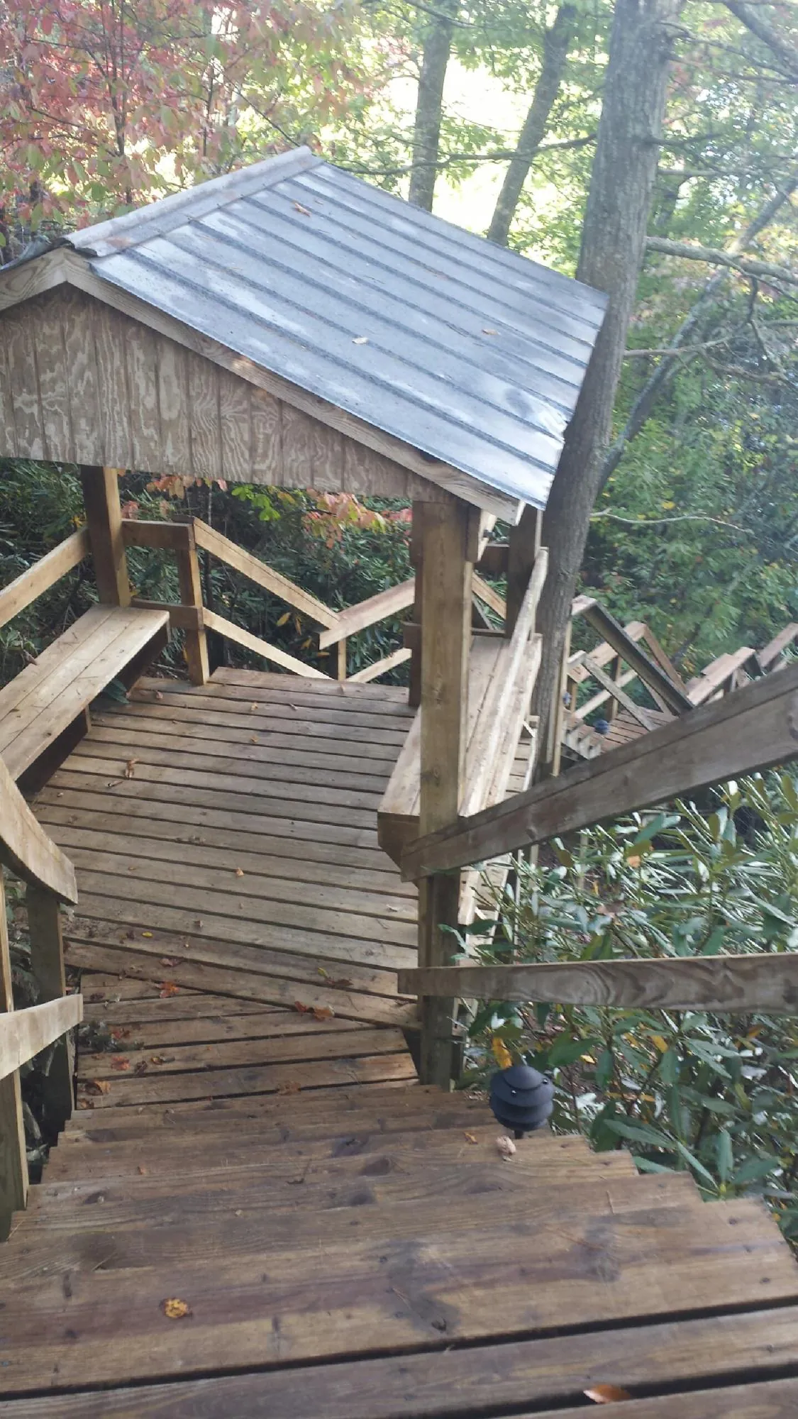 Metal roofed shelter over wooden steps on a wooded walkway — Skylight Repair & Installation work by our crew in Mount Gilead